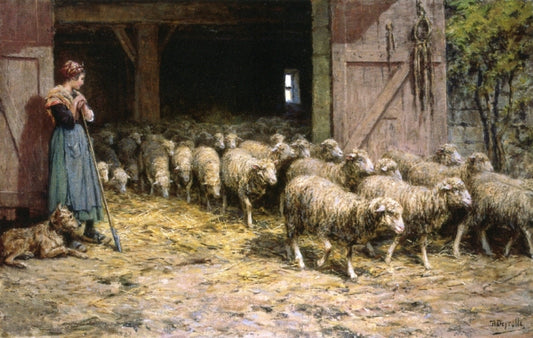 A Shepherdess and her Flock, vintage artwork by Theophile-Louise Deyrolle, 12x8" (A4) Poster