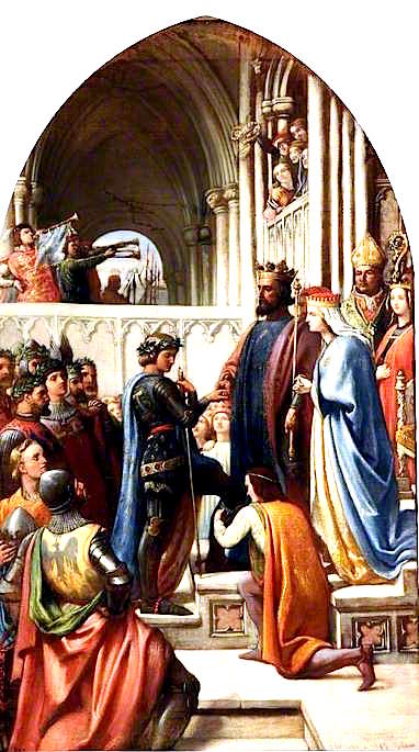 Edward III Conferring the Order of the Garter on Edward the Black Prince, vintage artwork by Charles West Cope, A3 (16x12") Poster Print