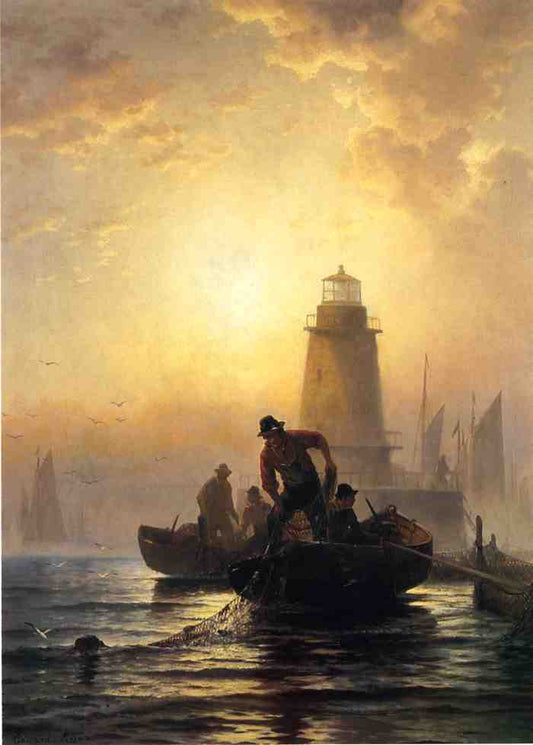 Fish Pond, Orient Bay, Long Island, vintage artwork by Edward Moran, 12x8" (A4) Poster