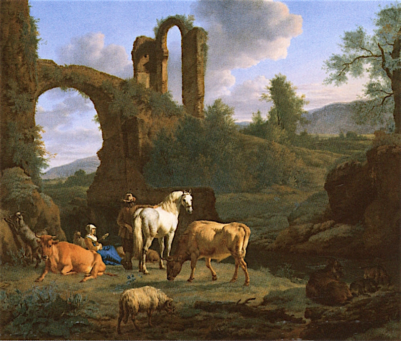 Pastoral Landscape with Ruins, vintage artwork by Adriaen van de Velde, 12x8" (A4) Poster