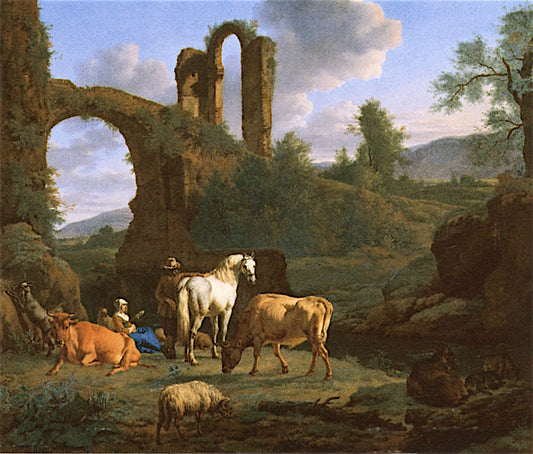 Pastoral Landscape with Ruins, vintage artwork by Adriaen van de Velde, 12x8" (A4) Poster