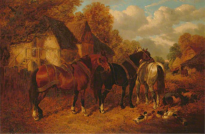Farm Scene with Cart Horses, vintage artwork by John Frederick Herring, Sr, A3 (16x12") Poster Print