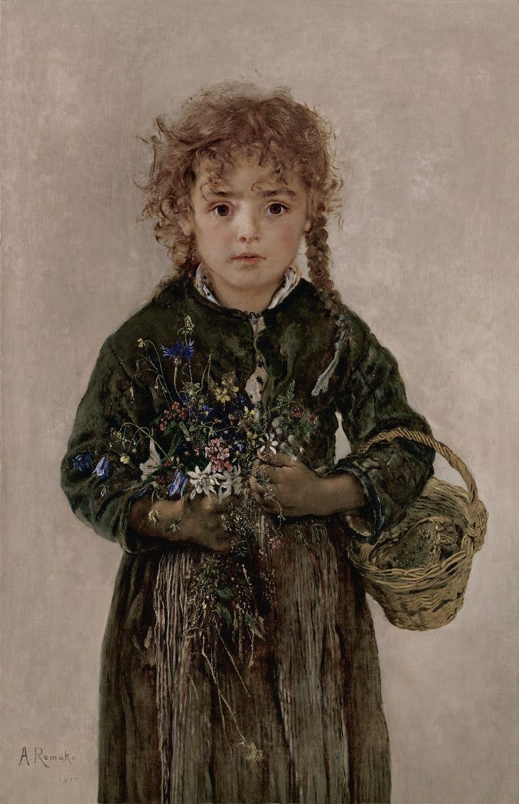 Peasant Girl with Bread Basket and Alpine Flowers, vintage artwork by Anton Romako, 12x8" (A4) Poster
