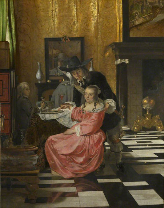 An Interior with a Woman Refusing a Glass of Wine, vintage artwork by Dutch School 17th Century - Unknown, 12x8" (A4) Poster