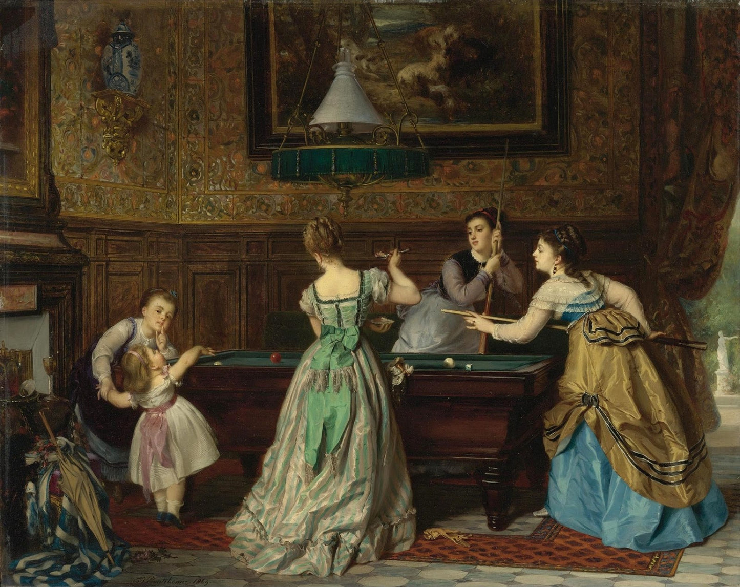 Ladies Playing Billiards, vintage artwork by Charles Edouard Boutibonne, A3 (16x12") Poster Print