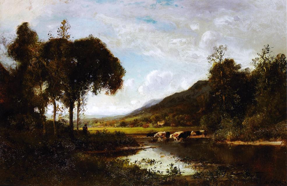 Cattle Watering at a Pond with a Shepherd Nearby , vintage artwork by William Keith, 12x8" (A4) Poster