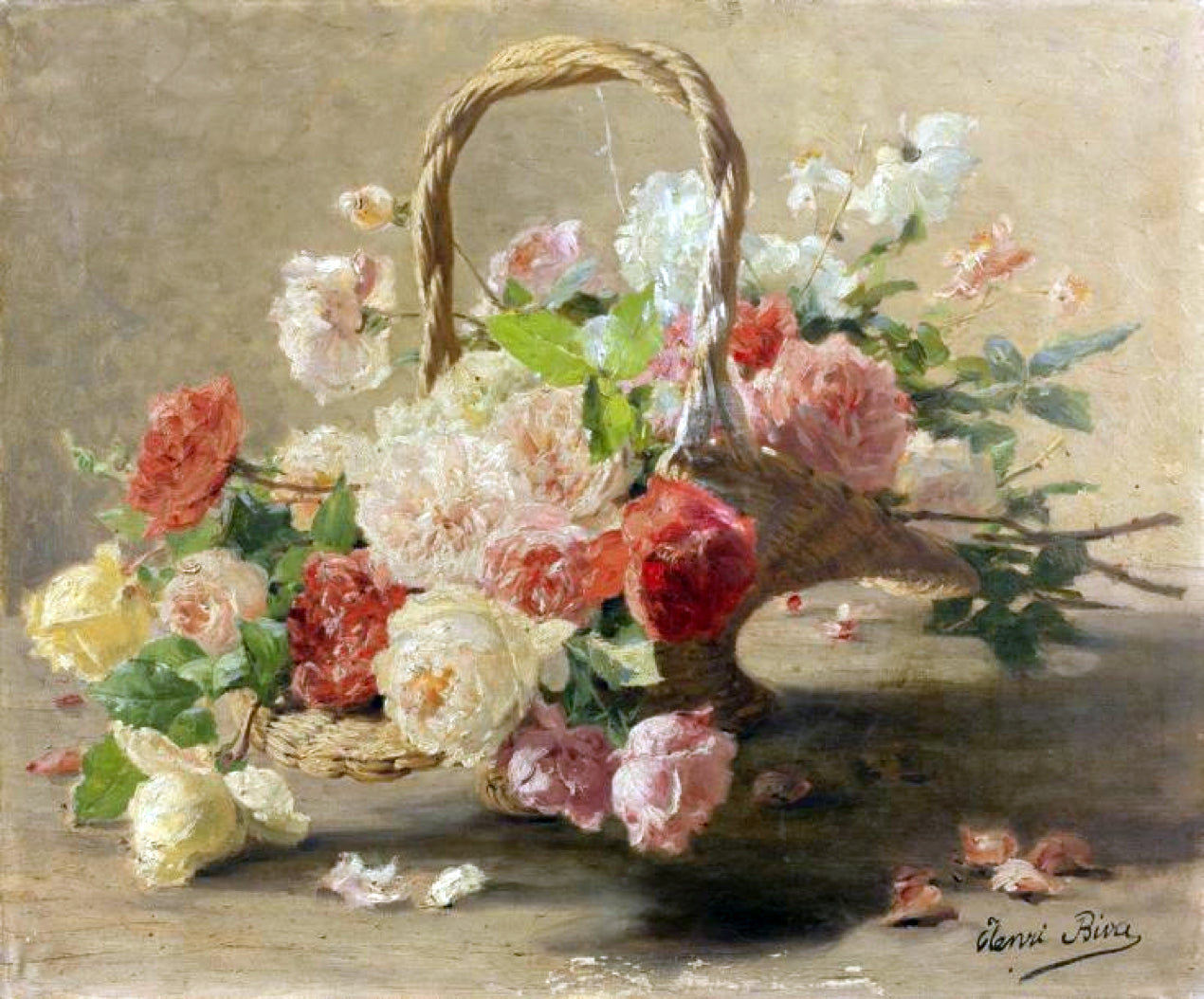 Panier de roses rouges et blanches, vintage artwork by Henri Biva, 12x8" (A4) Poster