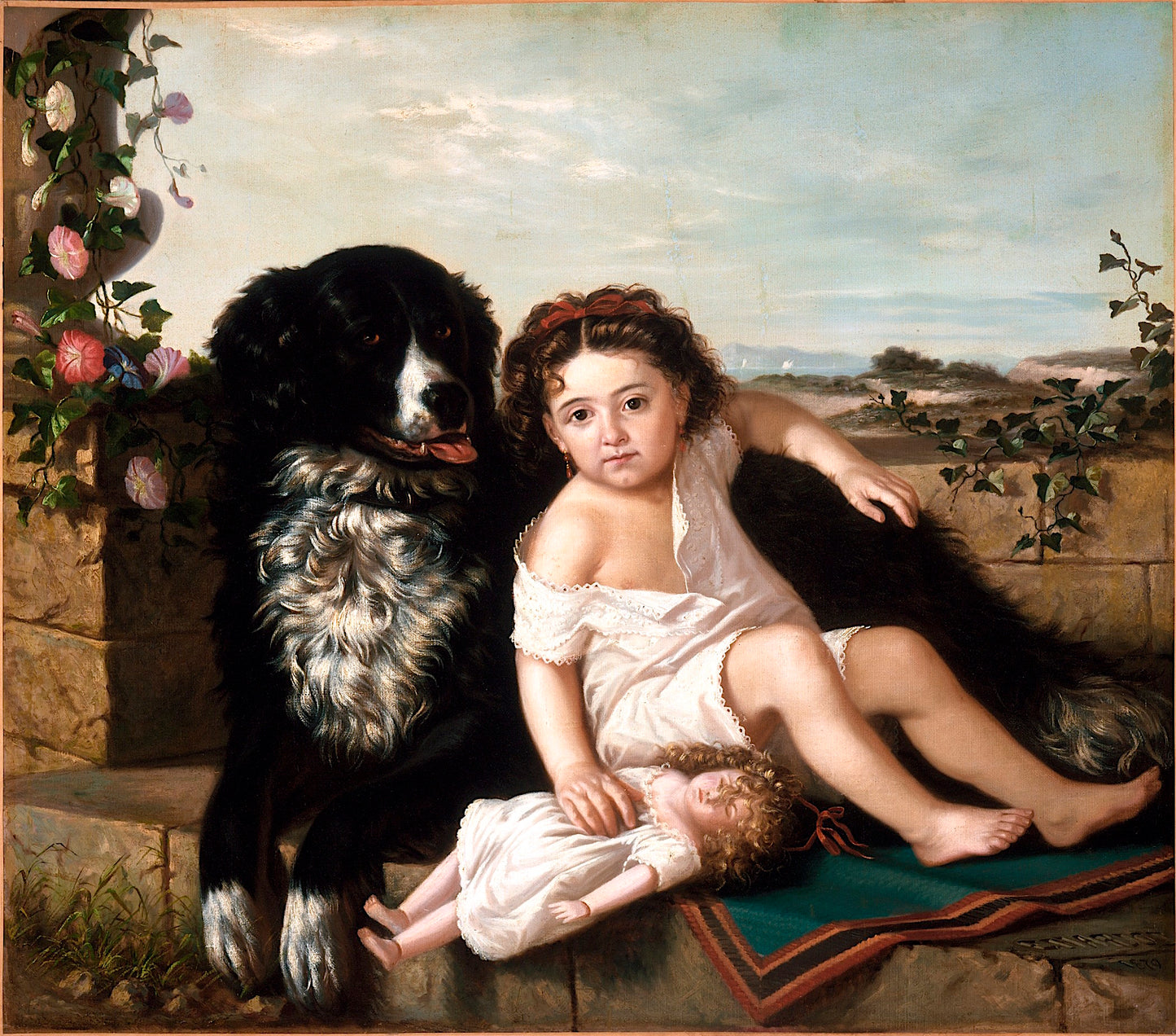 Portrait of a Girl wth Dog, vintage artwork by Erneste Etienne de Francheville Narjot, 12x8" (A4) Poster