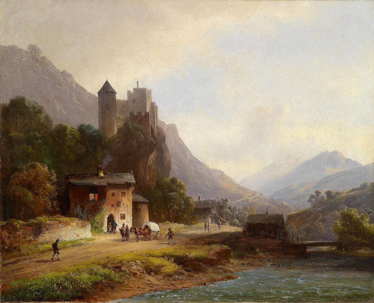 Encounter in a Mountain Valley beneath a Castle, vintage artwork by Anton Doll, 12x8" (A4) Poster