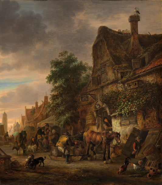 Workmen before an Inn, vintage artwork by Isaac van Ostade, 12x8" (A4) Poster