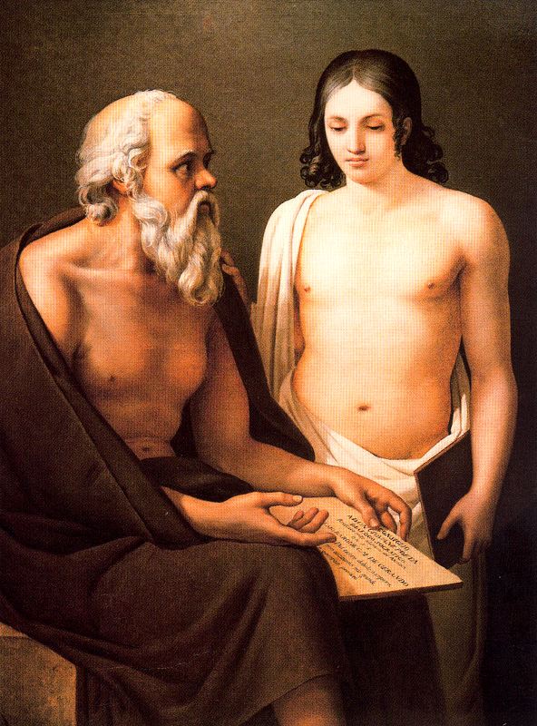Socrates Teaching a Young Man, vintage artwork by Jose Aparicio Inglada, 12x8" (A4) Poster