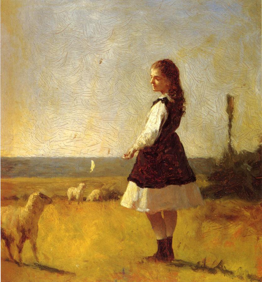 Feeding the Lamb, vintage artwork by Eastman Johnson, 12x8" (A4) Poster