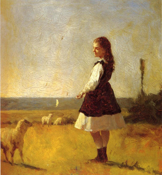 Feeding the Lamb, vintage artwork by Eastman Johnson, 12x8" (A4) Poster