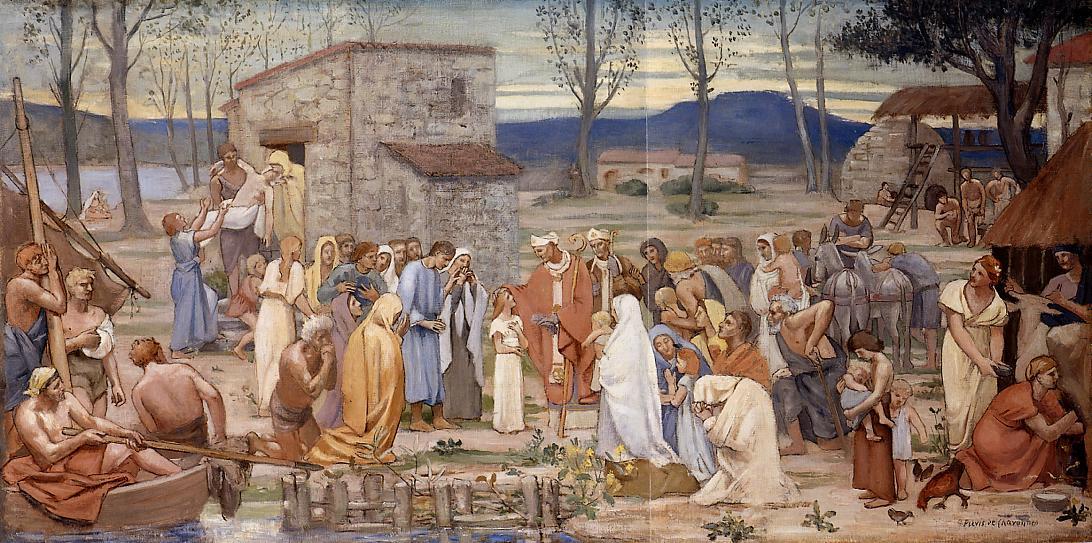 The Childhood of Saint Genevieve, vintage artwork by Pierre Puvis de Chavannes, 12x8" (A4) Poster