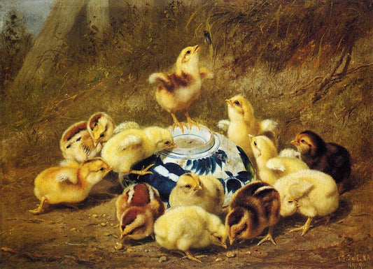 Chicks and Delft Bowl, vintage artwork by Arthur Fitzwilliam Tait, A3 (16x12") Poster Print