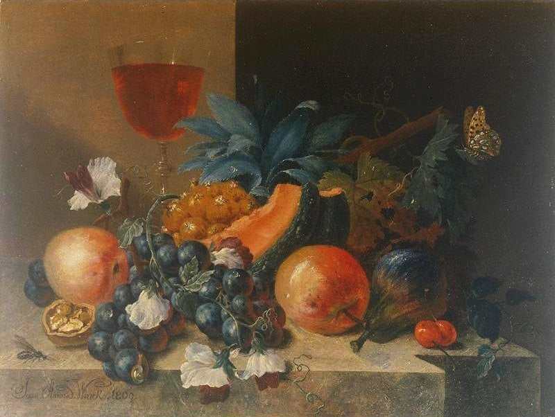 Still life with Fruit and Nuts with a Wine Glass all resting an a Ledge, vintage artwork by Johann Amandus Winck, 12x8" (A4) Poster