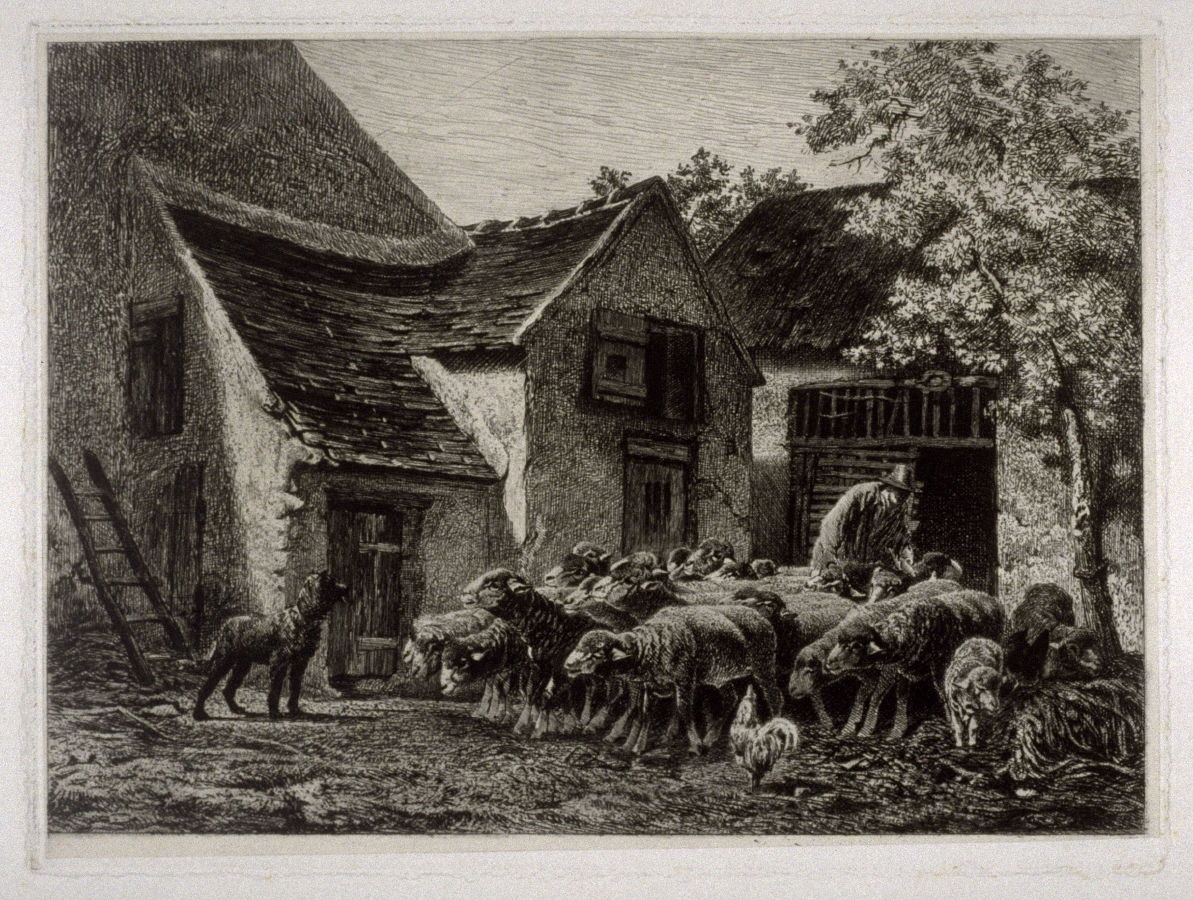 Farm Scene with Sheepherder, Sheep and Dog, vintage artwork by Charles-Émile Jacque, A3 (16x12") Poster Print