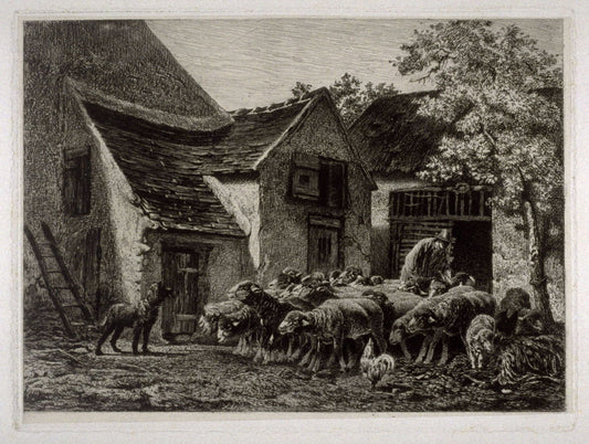 Farm Scene with Sheepherder, Sheep and Dog, vintage artwork by Charles-Émile Jacque, A3 (16x12") Poster Print