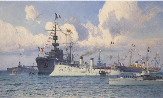 Meeting of Tsar Nicolas II with President Armand Fallières of France at Cherbourg, 31 July 1909, vintage artwork by Mikhail Tkachenko, 12x8" (A4) Poster