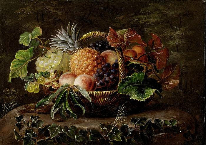 Basket of pineapples, grapes, peaches and hazelnuts, vintage artwork by Johan Laurentz (J.L.) Jensen, A3 (16x12") Poster Print