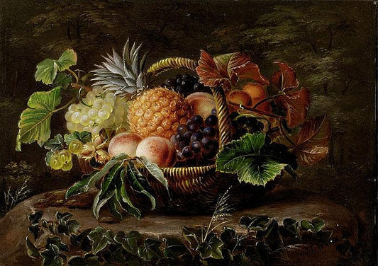 Basket of pineapples, grapes, peaches and hazelnuts, vintage artwork by Johan Laurentz (J.L.) Jensen, A3 (16x12") Poster Print