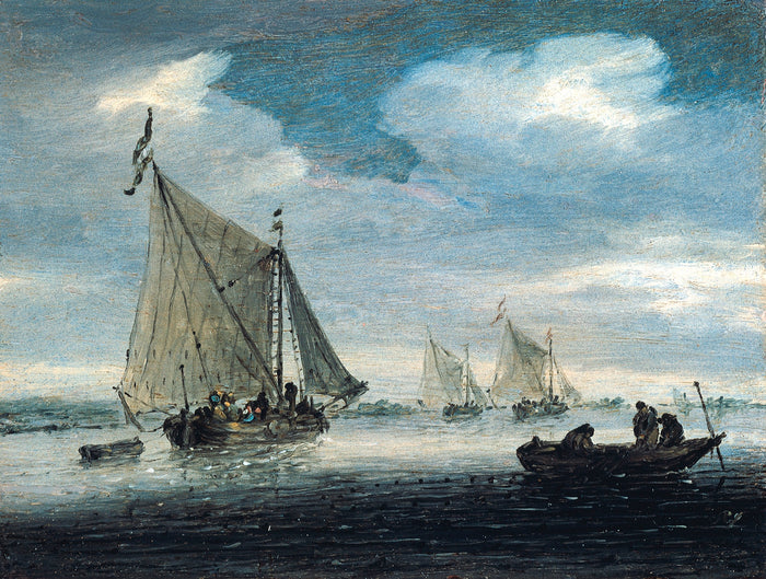An estuary scene with a kaag close-hauled in a light breeze, vintage artwork by Salomon van Ruysdael, 12x8