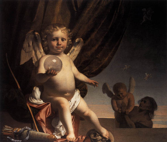 Amor Holding a Glass Orb, vintage artwork by Caesar van Everdingen, 12x8" (A4) Poster