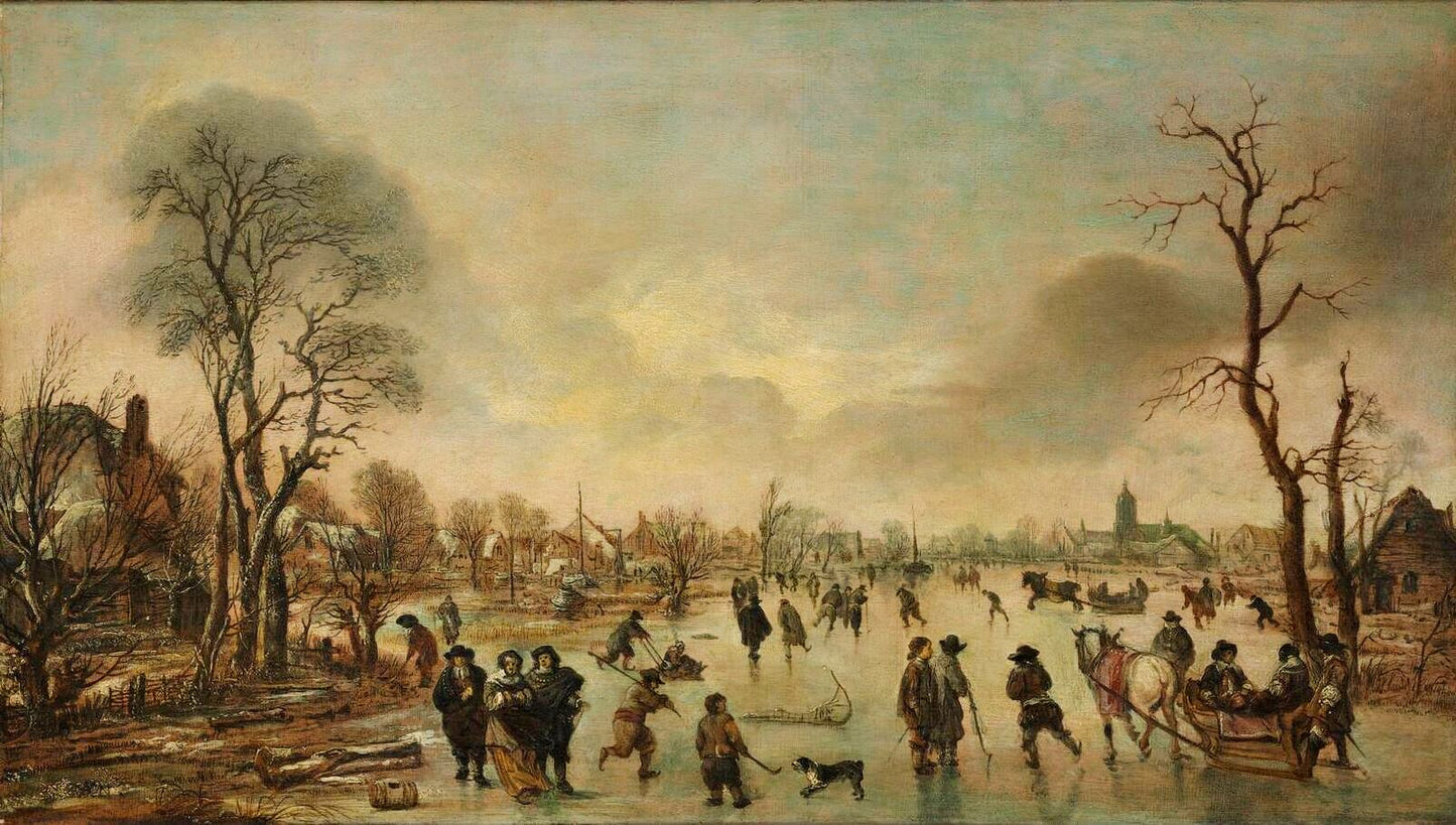 Winter Landscape with Ice Skaters, vintage artwork by Aert van der Neer, 12x8" (A4) Poster