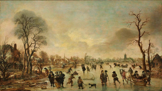 Winter Landscape with Ice Skaters, vintage artwork by Aert van der Neer, 12x8" (A4) Poster