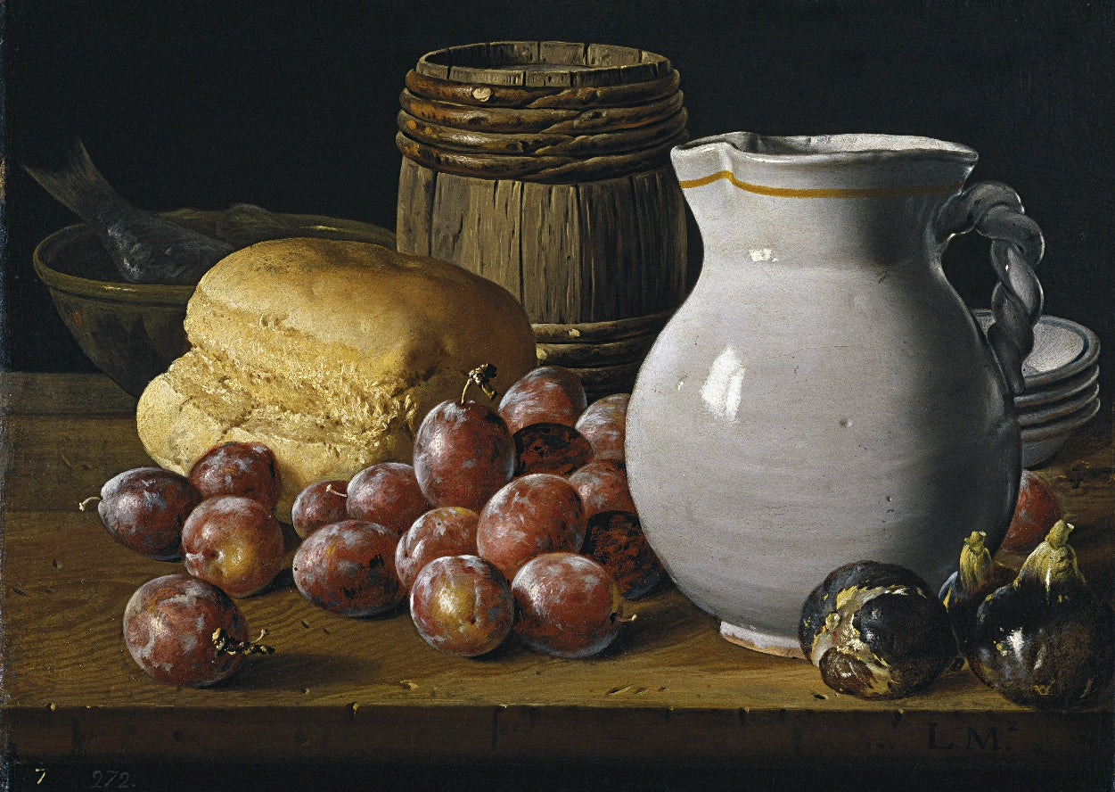 Still Life with Plums, Figs, Bread, Keg, Jug and Other Vessels, vintage artwork by Luis Melendez, 12x8" (A4) Poster