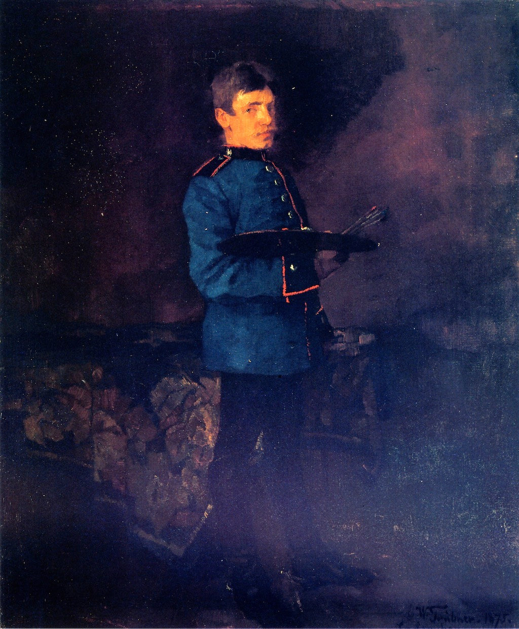 Self-Portrait as a Dragoon with Pallet, vintage artwork by Wilhelm Trübner, 12x8" (A4) Poster