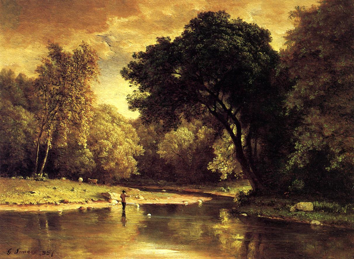 Fisherman in a Stream, vintage artwork by George Inness, 12x8" (A4) Poster