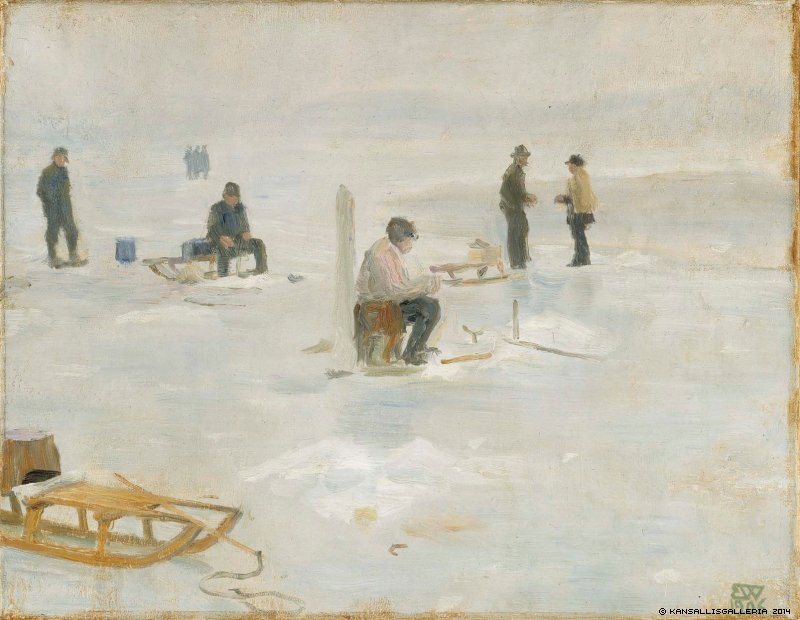 Winter Fishing, vintage artwork by Erik Werenskiold, 12x8" (A4) Poster