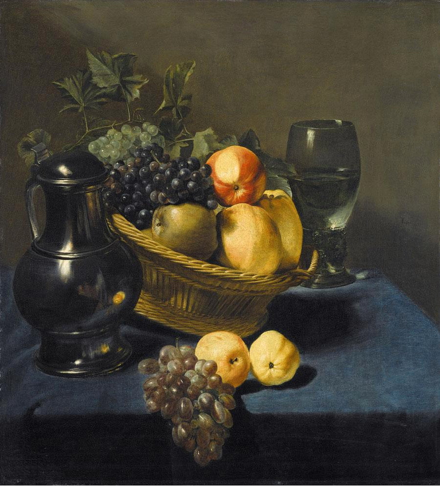 Still Life with Apples and Grapes in a Wicker Basket, vintage artwork by Judith Leyster, 12x8" (A4) Poster