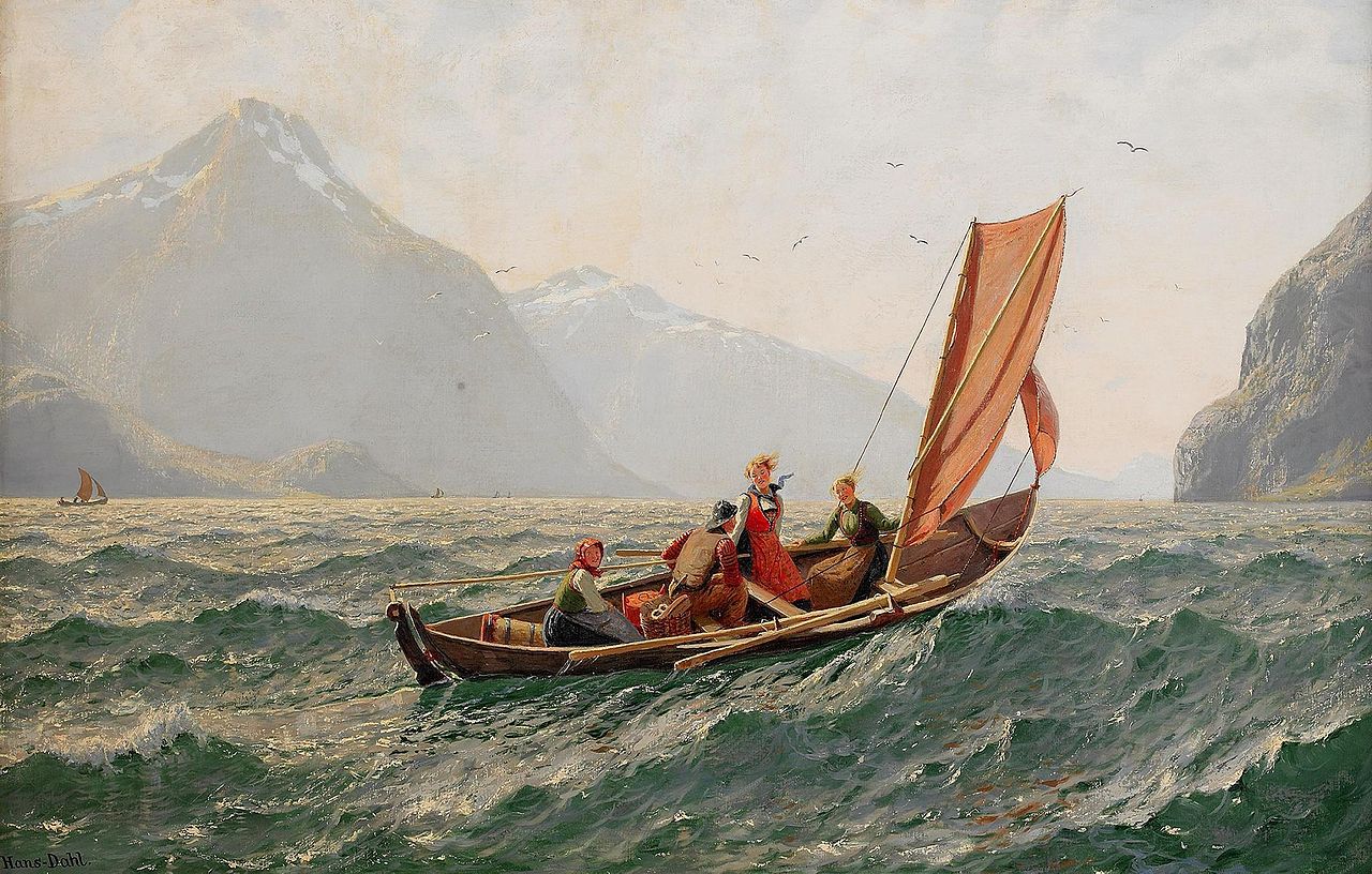 Fjord with Sailing Boat, vintage artwork by Hans Dahl, 12x8" (A4) Poster