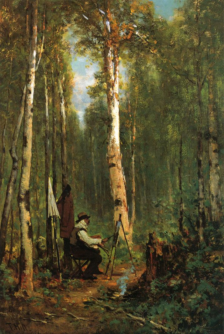 Artist at His Easel in the Woods, vintage artwork by Thomas Hill, 12x8" (A4) Poster