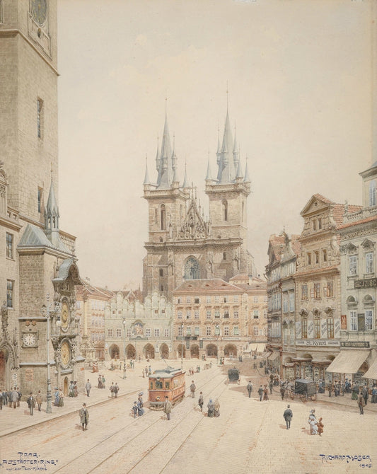 Prague, Old Town Square, vintage artwork by Richard Moser, 12x8" (A4) Poster