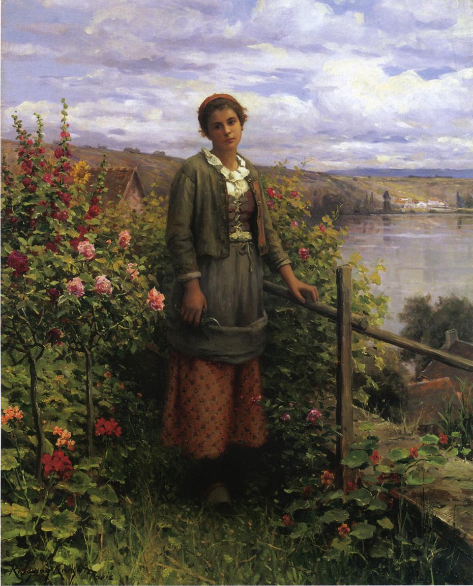 In Her Garden, vintage artwork by Daniel Ridgway Knight, 12x8" (A4) Poster