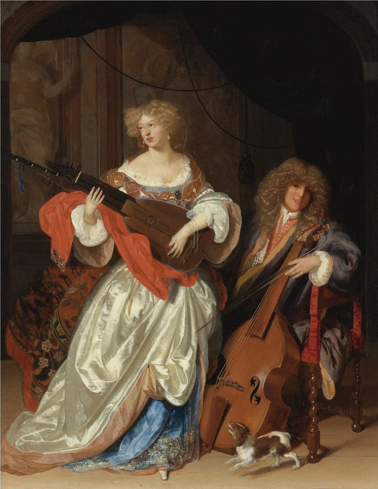 A Lady Playing the Lute and a Gentleman with a Viola da Gamba, vintage artwork by Adriaen van der Werff, 12x8" (A4) Poster