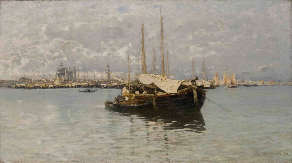 Barconi e vele nella laguna di Venezia, vintage artwork by Guglielmo Ciardi, 12x8" (A4) Poster