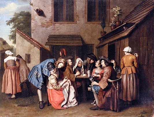 Figures Gathered in a Tavern Courtyard, vintage artwork by Peter Jacob Horemans, 12x8" (A4) Poster