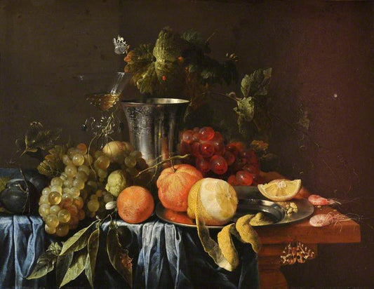 Still-Life with a Silver Jug and Fruit, vintage artwork by Jan Davidsz. de Heem, 12x8" (A4) Poster