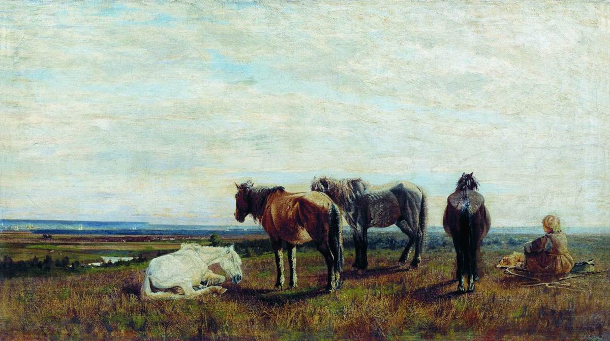 Horses Grazing, vintage artwork by Nikolai Sverchkov, A3 (16x12") Poster Print