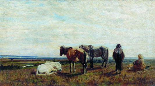 Horses Grazing, vintage artwork by Nikolai Sverchkov, A3 (16x12") Poster Print