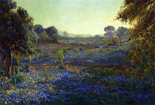 Bluebonnets at Late Afternoon, near La Grange, Texas, vintage artwork by Julian Onderdonk, 12x8" (A4) Poster