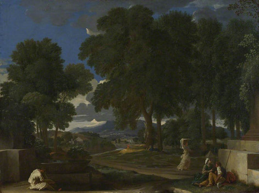 Landscape with a Man Washing his Feet at a Fountain, vintage artwork by Nicolas Poussin, 12x8" (A4) Poster