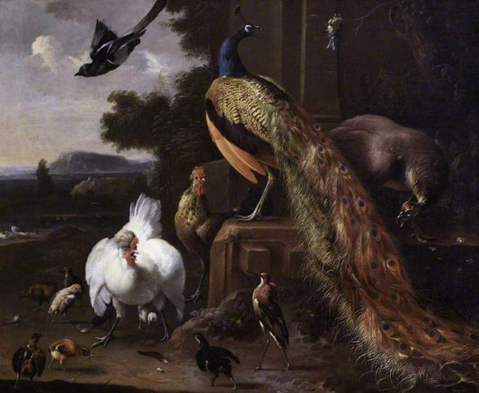 Peacocks and Famyard Fowl with a Magpie in a Landscape, vintage artwork by Melchior d'Hondecoeter, 12x8" (A4) Poster