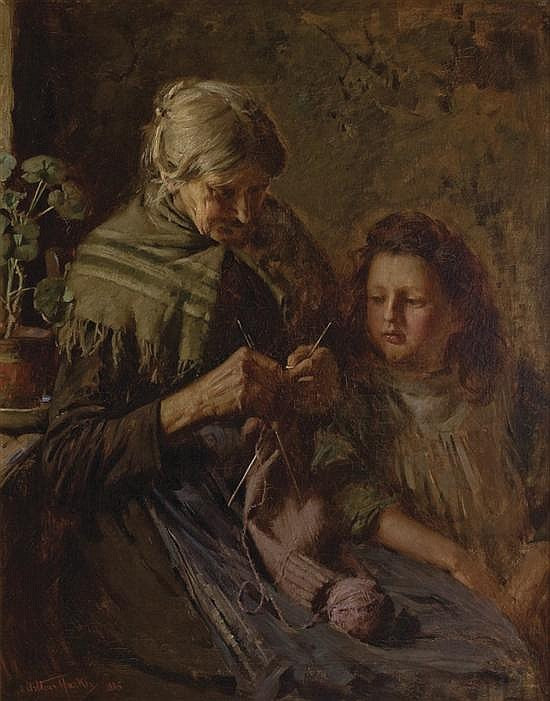 The Knitting Lesson, vintage artwork by Arthur Hacker, 12x8" (A4) Poster