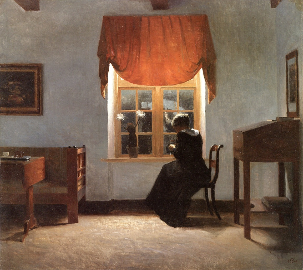 A Woman Knitting by a Window by Peter Ilsted,A3(16x12")Poster