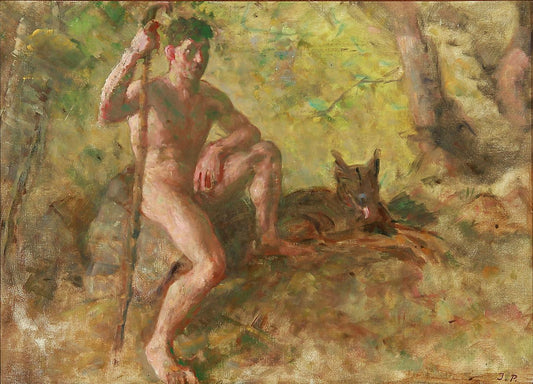 A nude male with a dog in a forest, vintage artwork by Julius Paulsen, 12x8" (A4) Poster